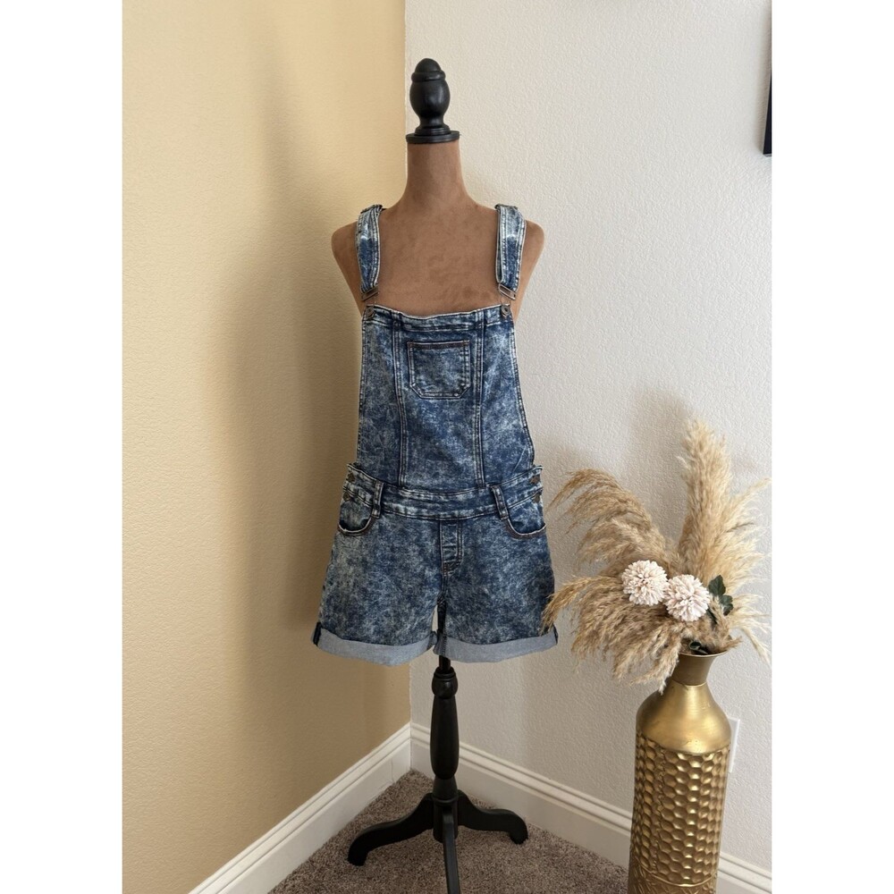 Chocolate U.S.A. Acid Wash Denim Shortalls Overalls Womens Cuffed Bib Shorts